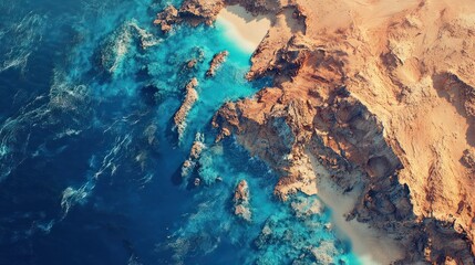 Obraz premium An aerial perspective showcasing the vibrant red sea desert coast, a colorful coral reef, and the stunning blue and turquoise waters, ideal for exotic travel, with space for additional images.