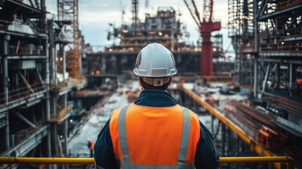 Fototapeta premium A man in a hard hat examines the construction site, possibly checking for safety or quality issues