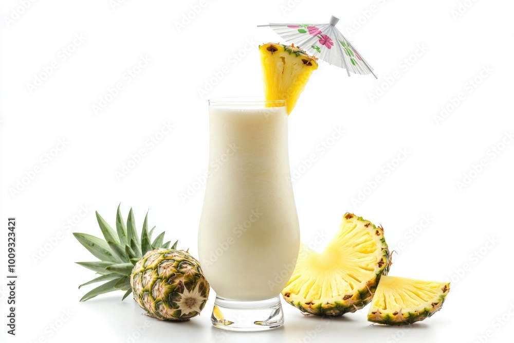 Poster a refreshing drink with a pineapple slice as garnish, topped with a colorful paper umbrella