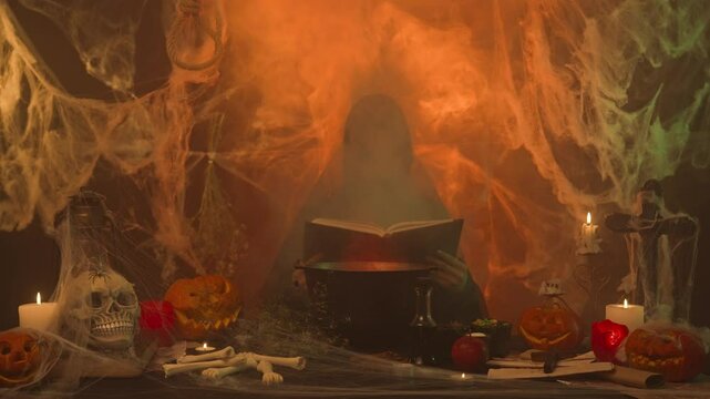A witch in black clothing reads a spellbook while sitting in a scary kitchen with pumpkins and a potion cauldron.