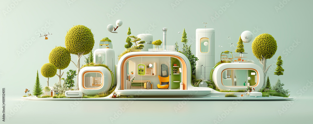 Poster tiny futuristic house with sustainable architecture, blending modern design and energyefficient tech