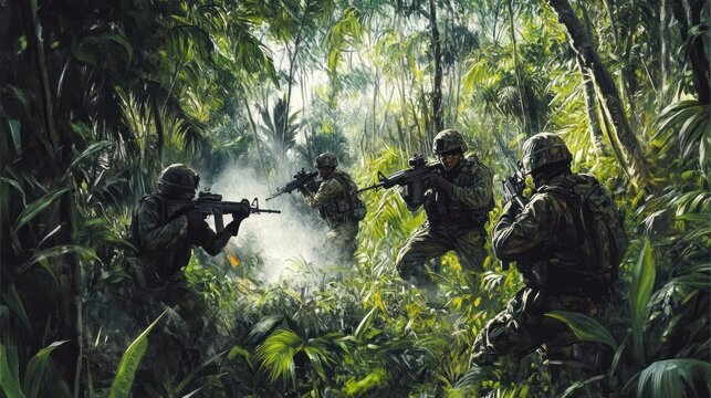 An illustration of a guerilla warfare scenario in the jungle, unconventional strategy, digital art, isolated on white background