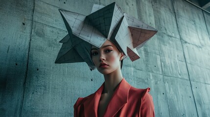 An unconventional fashion photoshoot featuring a model with exaggerated, architectural headwear, posed in front of a stark, industrial-style background