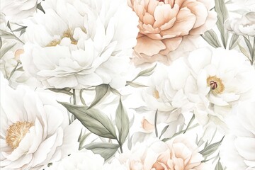 Seamless Pattern -  Delicate white and peach peonies with green leaves.