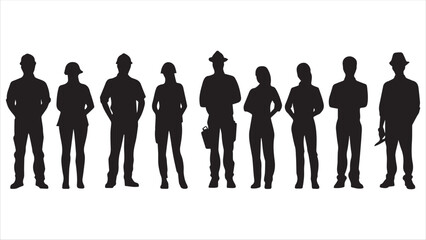
People with various occupations professions standing together in row vector flat black silhouettes set collection.