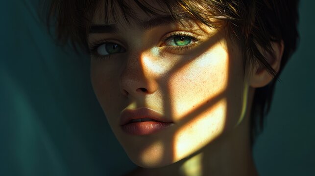 Androgynous Portrait in Shadow and Light. Generative AI image