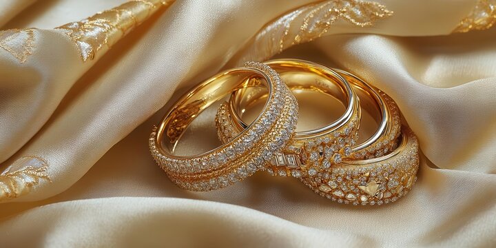 A collection of elegant gold bangles adorned with diamonds on a luxurious fabric background.