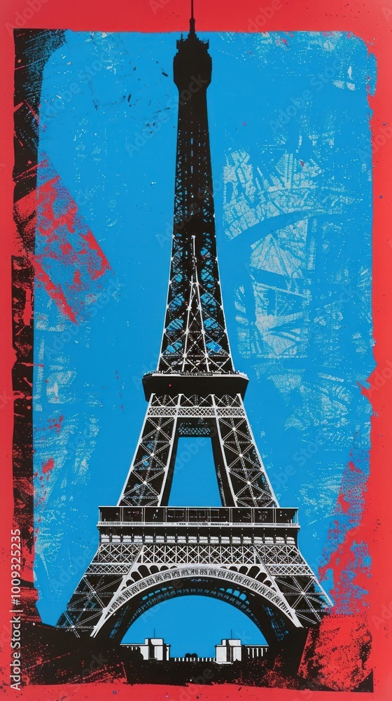 Poster silkscreen on paper of a eiffel tower advertisement architecture building.