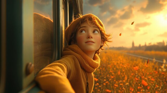 A character looking out the window of a cartoon train, observing the passing countryside in muted colors, embodying a sense of freedom and exploration 