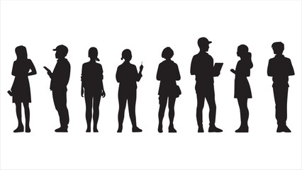 
People with various occupations professions standing together in row vector flat black silhouettes set collection.