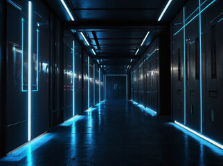 Modern Futuristic Sci Fi Background, Empty dark room, Blue Neon Lights, 3D illustration