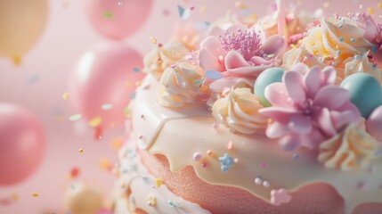 A beautifully decorated cake adorned with pastel flowers and sprinkles, perfect for celebrations.