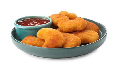 Plate with hot chili sauce and nuggets isolated on white