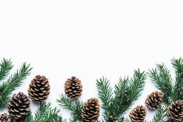 Fototapeta premium A high-resolution photo of a natural arrangement of pine leaves and pinecones. The white background and subtle shadows give the image a clean, modern look, suitable for product displays, nature-themed