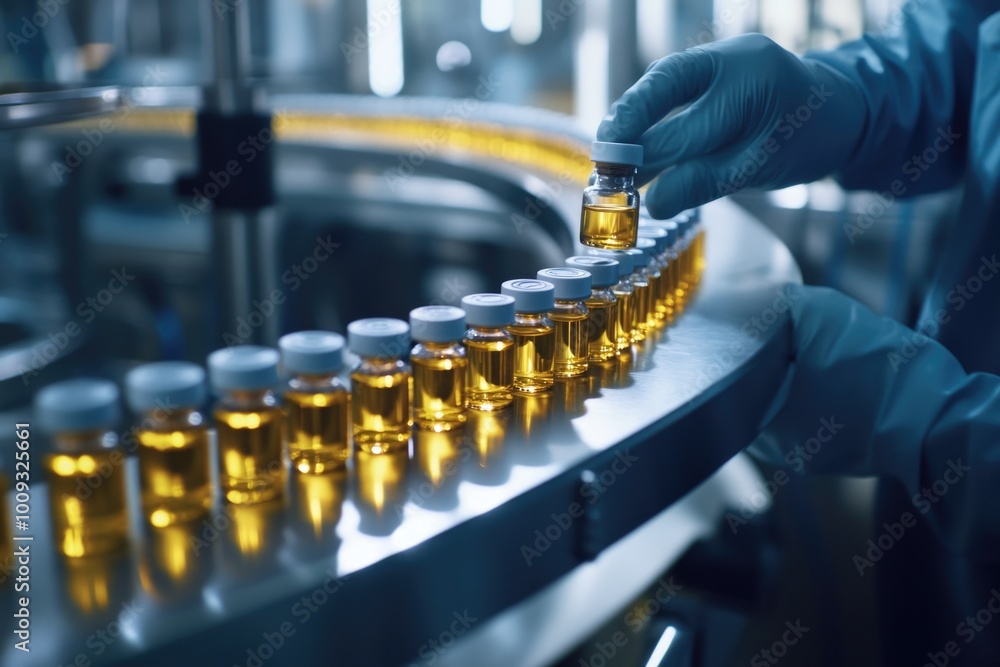 Poster A scientist working on a machine while wearing a lab coat and gloves, possibly conducting an experiment or maintenance