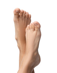 Obraz premium Barefoot woman on white background, closeup view