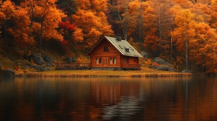 Fototapeta premium A small cabin sits on the shore of a peaceful lake, perfect for a relaxing getaway