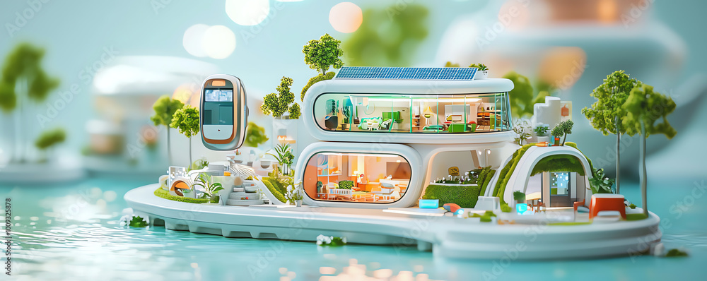 Poster miniature futuristic house with curved sustainable architecture, designed with energyefficient and s