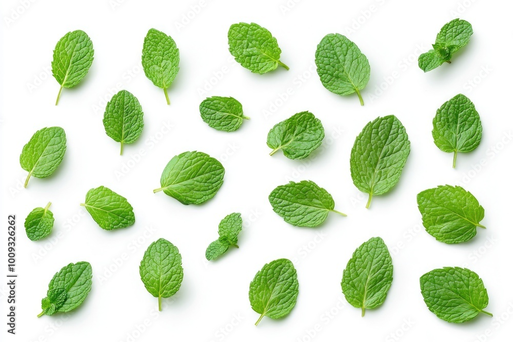 Poster A bunch of fresh mint leaves arranged on a clean white surface