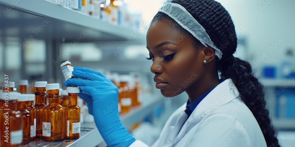 Poster a scientist in a lab coat and blue gloves is hard at work, surrounded by equipment and experiment ma