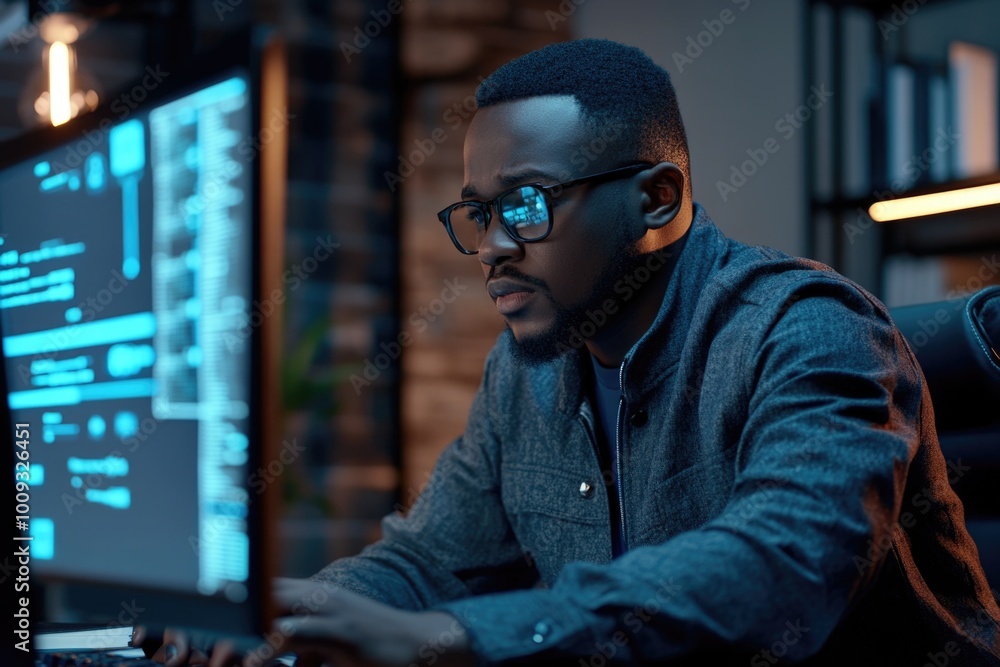 Aufkleber A person sitting in front of a computer screen with a focused expression