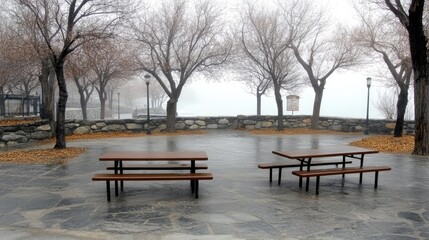 A peaceful lake setting in the early morning fog features a stone bridge and autumn trees with golden leaves, creating a serene atmosphere in nature.