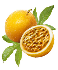 maracujá inteiro e maracujá cortado acompanhado de folha de maracujá isolado em fundo transparente © Pic_It