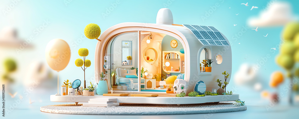 Poster tiny house with ecofriendly futuristic architecture, using sustainable materials and advanced solar 