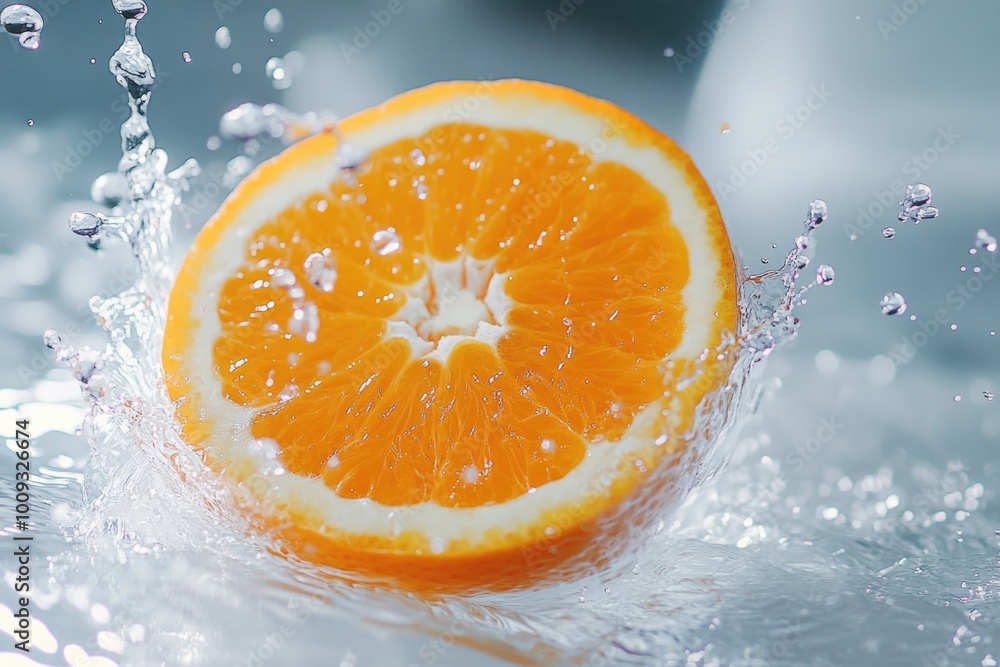 Poster a half of an orange getting splashed with water
