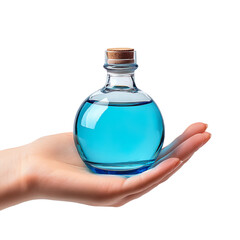 Blue glass cosmetic bottle in hand isolated on transparent background