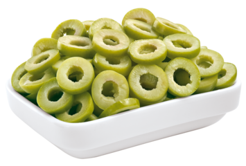 pote com azeitonas verdes sem caroço e fatiada isolado em fundo transparente