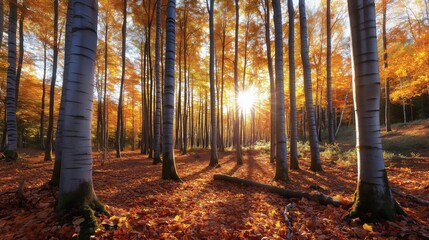 Fototapeta premium Sunlit Forest of Tall Trees in Autumn with Golden Leaves and Tranquil Atmosphere