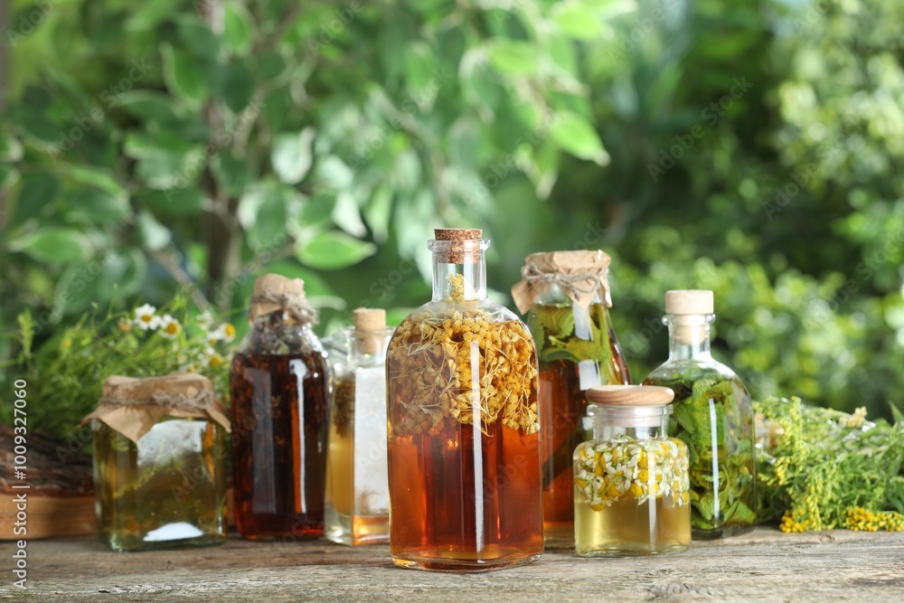 Canvas Prints Different natural tinctures and herbs on wooden table outdoors