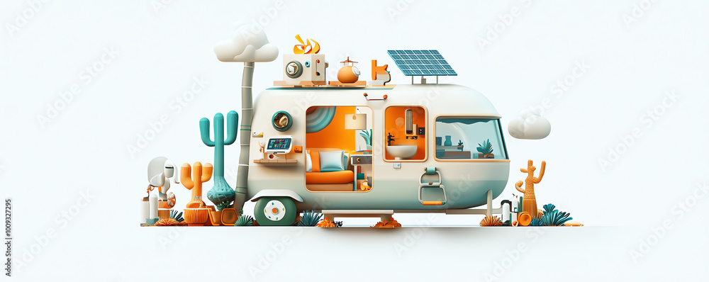 Poster tiny house with ecofriendly futuristic architecture, using sustainable materials and advanced solar 