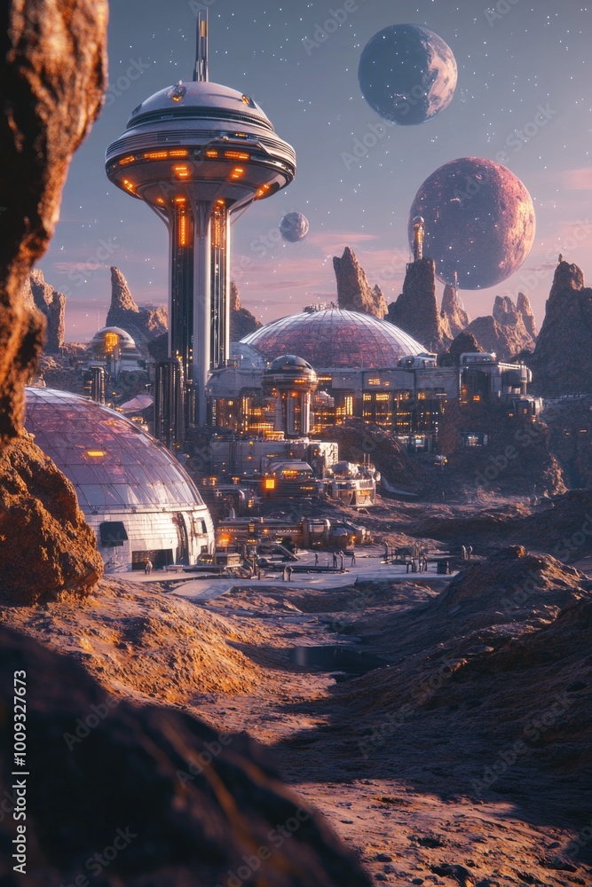 Poster a futuristic cityscape in the middle of a desert, with sleek architecture and neon lights