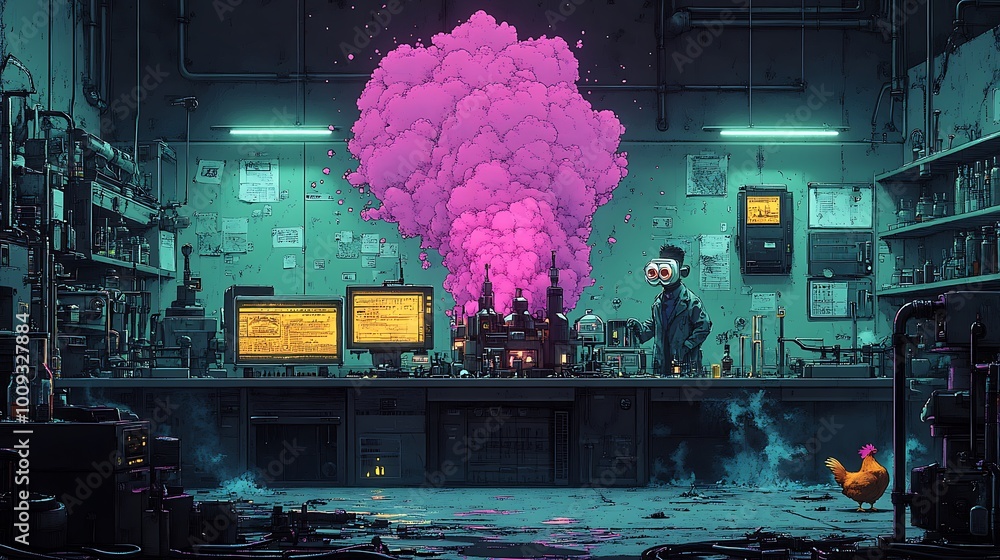 Aufkleber a scientist in a lab with a pink explosion behind him and a chicken in the foreground.