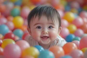 Fototapeta premium a joyful baby playing amidst a colorful ball pit enhancing the theme of innocence and joy in childhood through vibrant colors and playful expressions