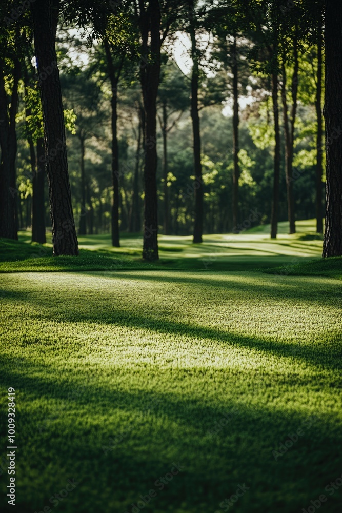 Poster a serene green field with tall trees in the background