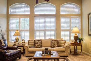 Fototapeta premium A living room with a couch, a coffee table, and two chairs, generative ai image