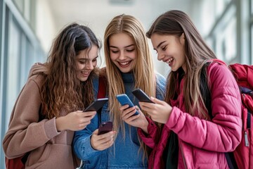 Three friends looking at their mobile devices, possibly social media or texting