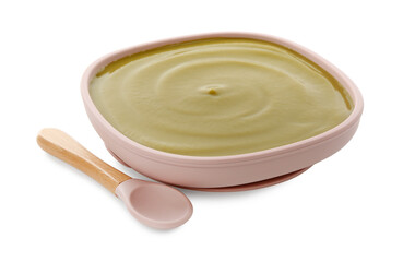 Tasty baby food and spoon isolated on white