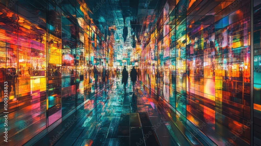 Poster a cityscape of mirrors, with buildings and structures reflecting each other, resulting in a surreal 