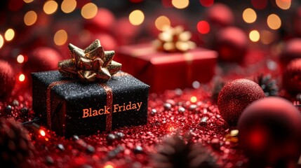 Black Friday gift box surrounded by decorative ornaments and festive lights in warm ambiance