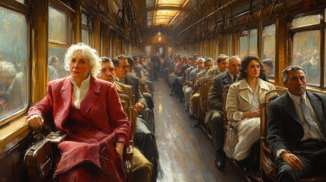 A nostalgic view of a crowded train car with passengers depicted in muted tones, each engaged in their own world, enhancing the sense of journey 