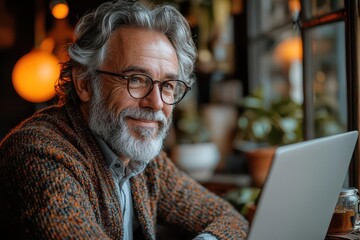 Fototapeta premium a joyful mature businessman gazes at his laptop screen embodying success and happiness with warm lighting illuminating his features and a stylish office ambiance surrounding him