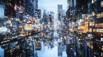 Naklejka premium A breathtaking metropolis made of mirrors, where reflective surfaces capture light, creating a stunning array of reflections in the urban environment.