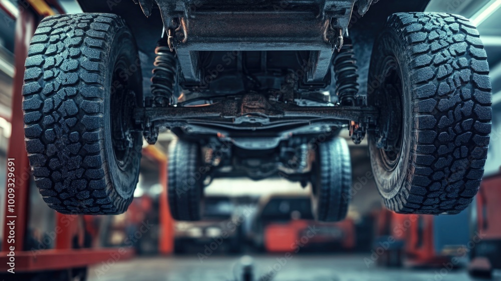 Poster a close-up shot of a vehicle in a garage, ideal for use in automotive or interior design contexts