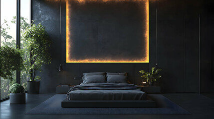Dark Modern Bedroom Interior Design with Minimalist Decor - 3D Illustration