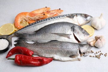 Different fresh sea food with spices on light grey table, closeup