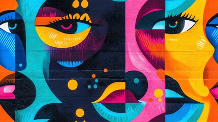Colorful mural of abstract faces